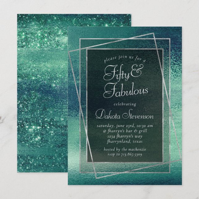 Glitzy Minimalist | Iridescent Green Fabulous 50th Invitation (Front/Back)