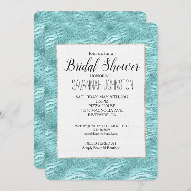 Glitzy Mint Zebra Print  Bridal Shower Invitation (Front/Back)