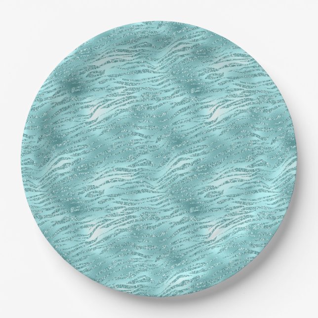 Glitzy Mint Zebra Print Paper Plate (Front)