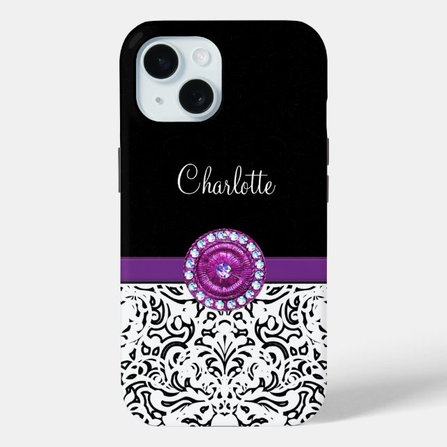 Glitzy Monogram Trendy Rhinestone Damask Case-Mate iPhone Case (Back)
