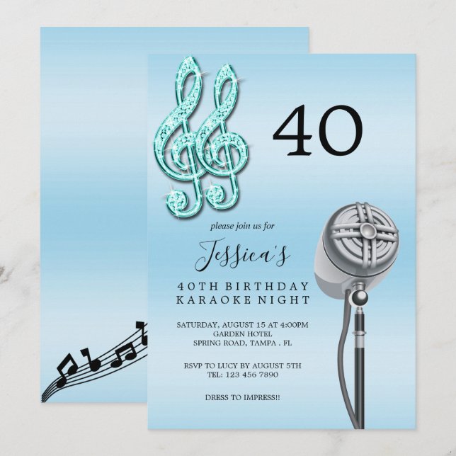 Glitzy Music Note & Microphone Karaoke Birthday In Invitation (Front/Back)