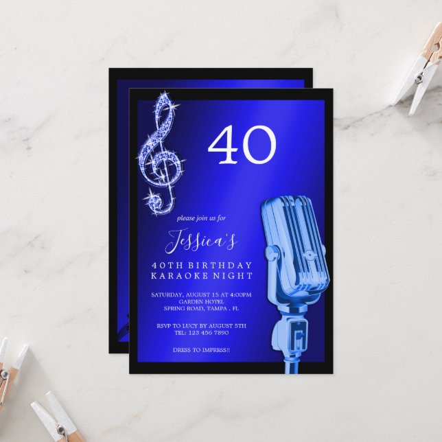 Glitzy Music Note & Microphone Karaoke Birthday Invitation (Front/Back In Situ)