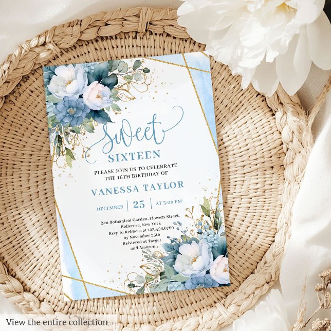 Glitzy Pastel Blue White Gold Flowers Sweet 16  Invitation (Glitzy Pastel Blue White Gold Flowers Sweet 16 Invitation)