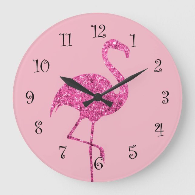 Glitzy Pink Flamingo Waol Decor Large Clock (Front)