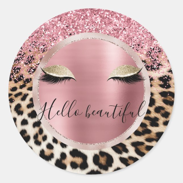 Glitzy Pink Glitter Gold Eyelashes Leopard     Classic Round Sticker (Front)