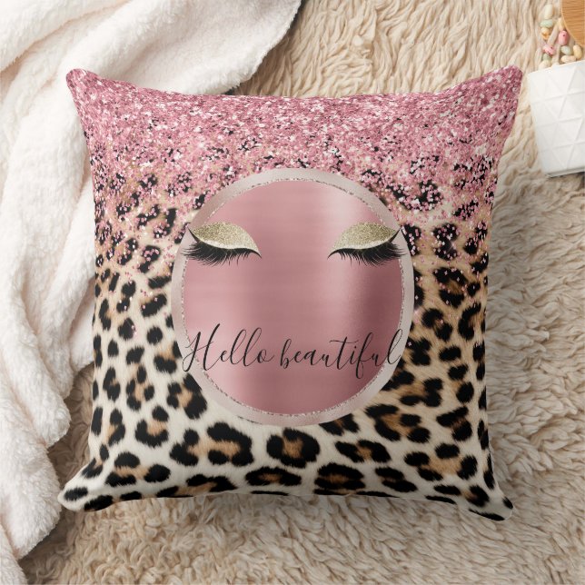 Glitzy Pink Glitter Gold Eyelashes Leopard     Cushion (Blanket)