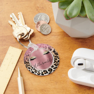 Glitzy Pink Glitter Gold Eyelashes Leopard     Key Ring