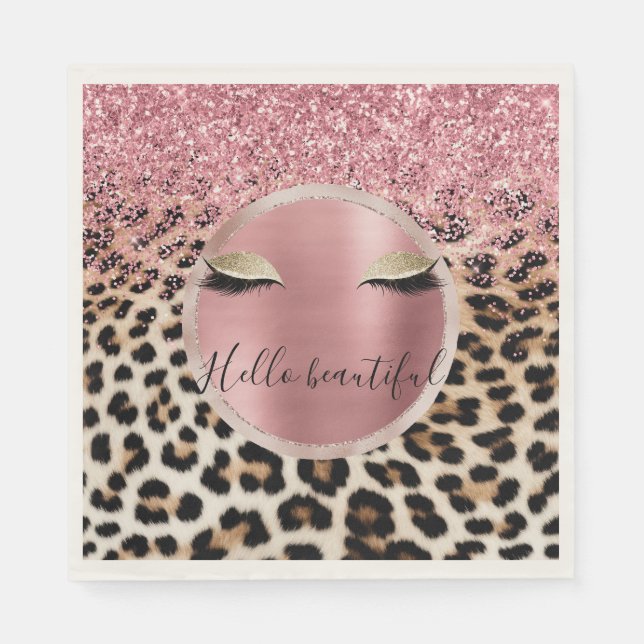 Glitzy Pink Glitter Gold Eyelashes Leopard     Napkin (Front)