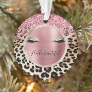 Glitzy Pink Glitter Gold Eyelashes Leopard Ornament