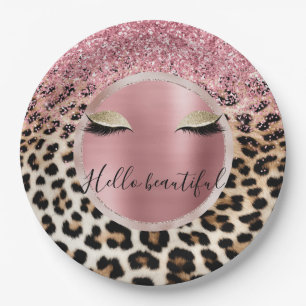 Glitzy Pink Glitter Gold Eyelashes Leopard Paper Plate