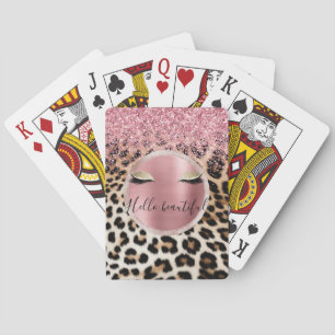 Glitzy Pink Glitter Gold Eyelashes Leopard Playing Cards