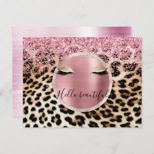Glitzy Pink Glitter Gold Eyelashes Leopard     Postcard