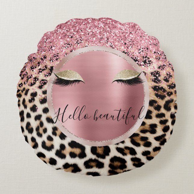 Glitzy Pink Glitter Gold Eyelashes Leopard     Round Cushion (Front)