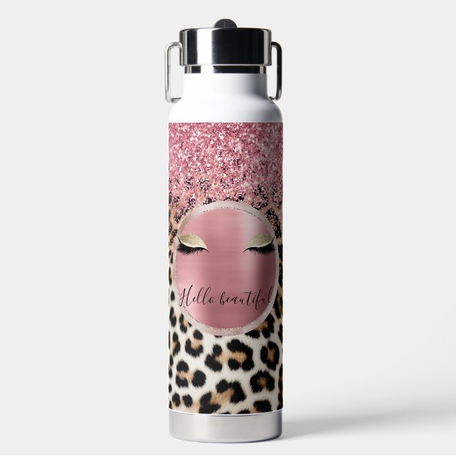 Glitzy Pink Glitter Gold Eyelashes Leopard     Water Bottle (Front)
