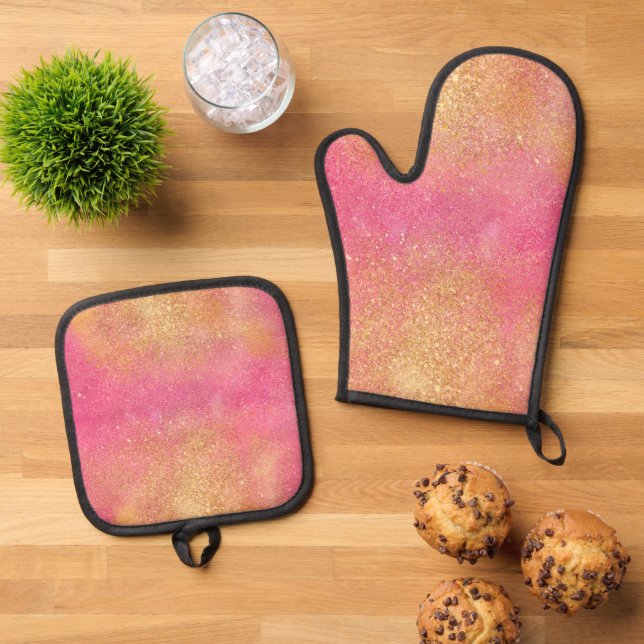 Glitzy Pink Gold Sparkle and Shine Oven Mitt & Pot Holder Set (Top Down)