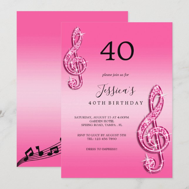Glitzy Pink Music Notes Birthday Invitation (Front/Back)