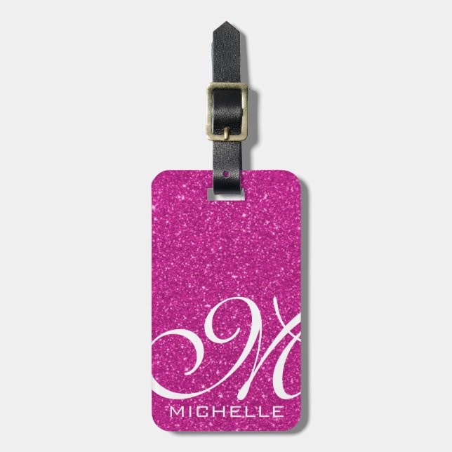 Glitzy Pink Script Monogrammed Luggage Tag (Front Vertical)