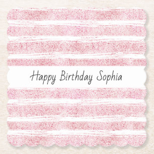 Glitzy Pink Stripes Birthday Paper Coaster