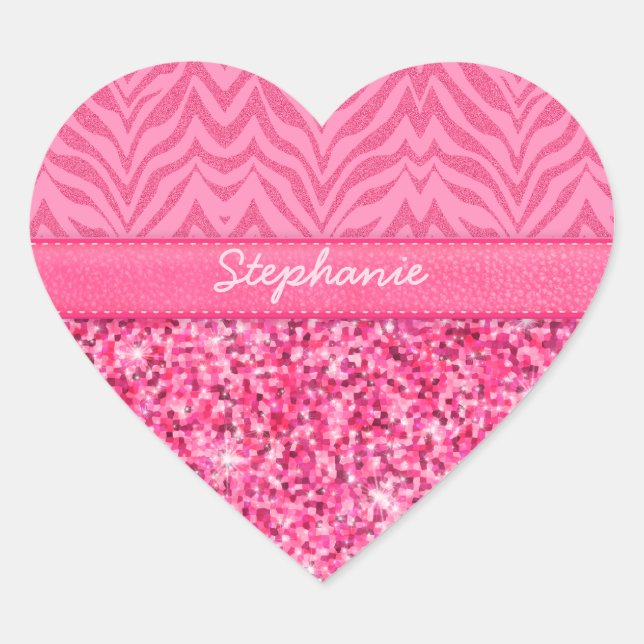 Glitzy Pink Zebra Heart Sticker (Front)