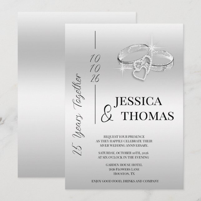 Glitzy Posh 25th Silver Wedding Anniversary Invitation (Front/Back)