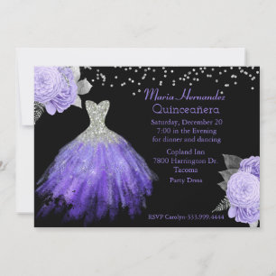 Glitzy Purple and Silver Gown Quinceañera 2   Invitation