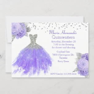 Glitzy Purple and Silver Gown Quinceañera Invitation