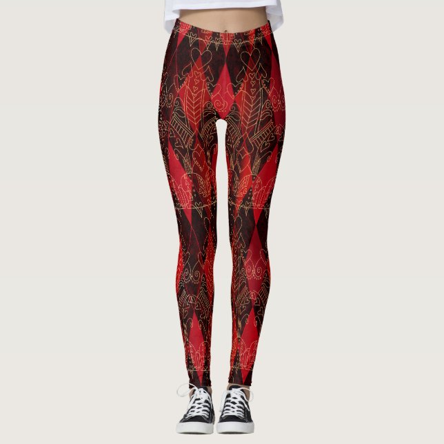 Glitzy Queen of Hearts Harlequin Red Black White Leggings (Front)
