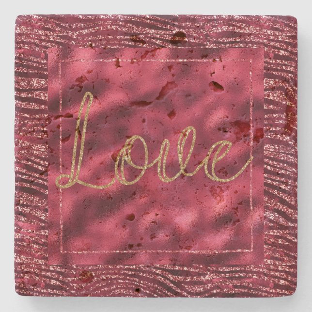 Glitzy Red Glitter Animal Print Gold Love Stone Coaster (Front)