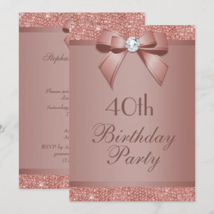 Glitzy Rose Gold Bow & Gem Birthday Party Invitation
