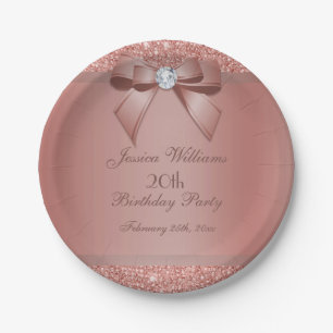 Glitzy Rose Gold Bow & Gem Birthday Party Paper Plate