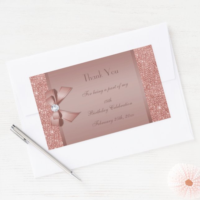 Glitzy Rose Gold Bow & Gem Birthday Party Rectangular Sticker (Envelope)