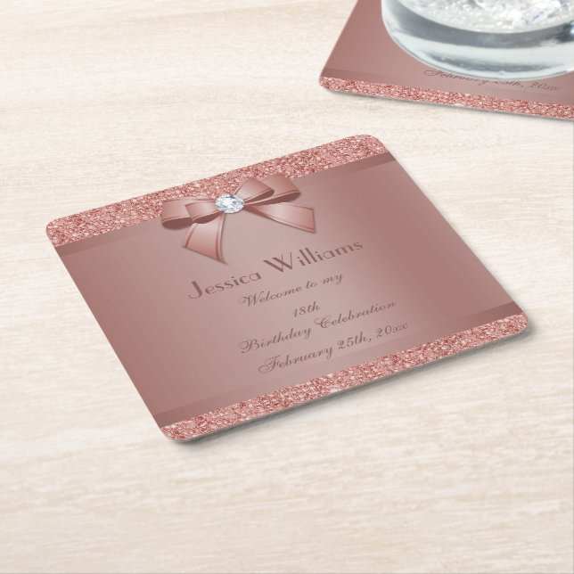 Glitzy Rose Gold Bow & Gem Birthday Party Square Paper Coaster (Angled)