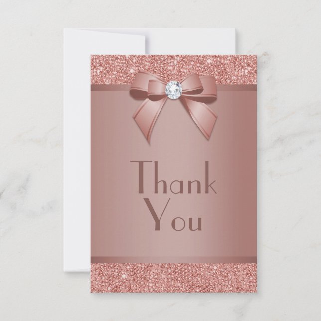 Glitzy Rose Gold Bow & Gem Birthday Party Thank You Card (Front)