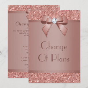 Glitzy Rose Gold Bow & Gem Change Of Plans Invitation