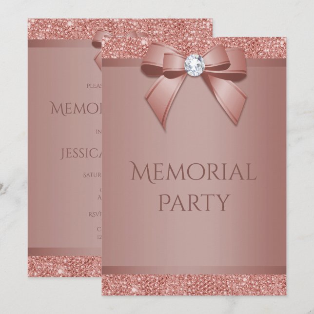 Glitzy Rose Gold Bow & Gem Memorial Party Invitation (Front/Back)