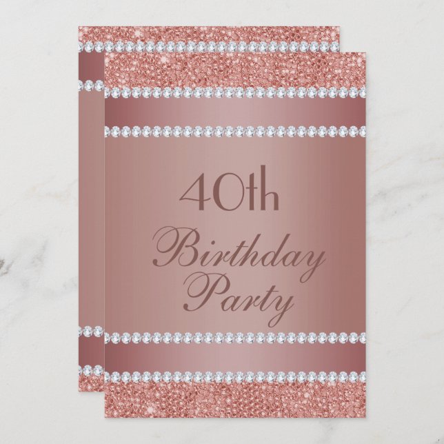 Glitzy Rose Gold & Diamond Gem Birthday Party Invitation (Front/Back)