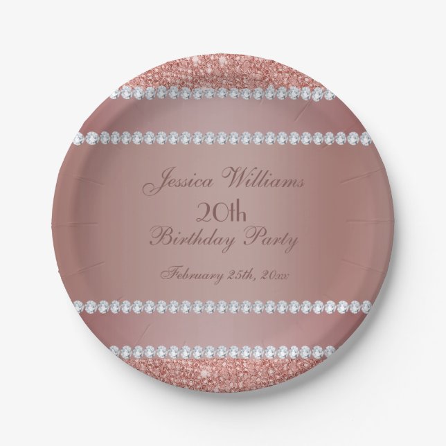 Glitzy Rose Gold & Diamond Gem Birthday Party Paper Plate (Front)