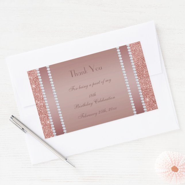 Glitzy Rose Gold & Diamond Gem Birthday Party Rectangular Sticker (Envelope)