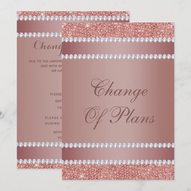Glitzy Rose Gold & Diamond Gem Change Of Plans Invitation (Front/Back)