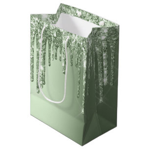 Glitzy Sage Green Sparkle Glitter Drips Birthday Medium Gift Bag