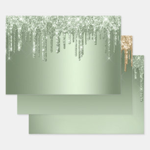 Glitzy Sage Green Sparkle Glitter Drips Birthday Wrapping Paper Sheet