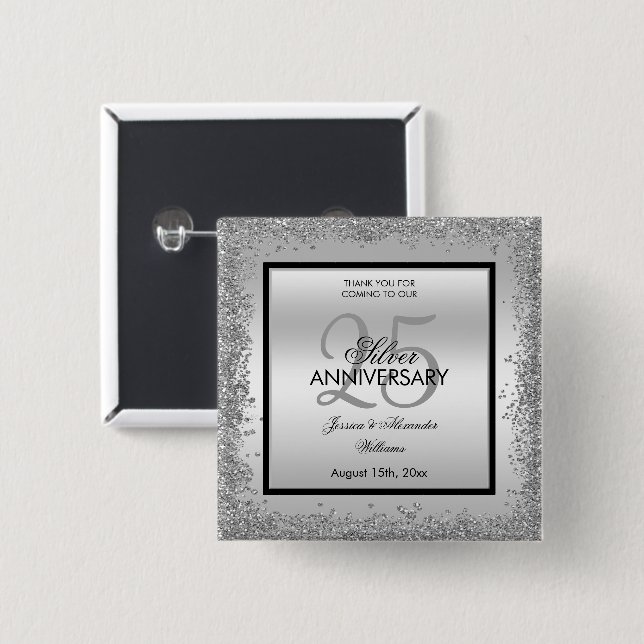 Glitzy Silver & Black 25th Wedding Anniversary     15 Cm Square Badge (Front & Back)
