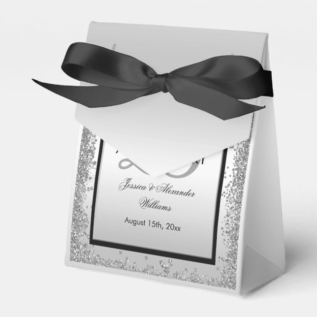 Glitzy Silver & Black 25th Wedding Anniversary     Favour Box (Front Side)