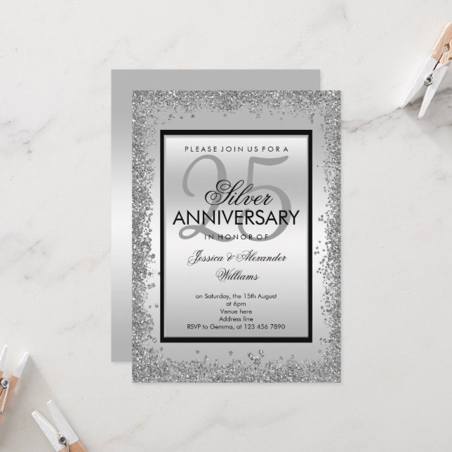 Glitzy Silver & Black 25th Wedding Anniversary Invitation (Front/Back In Situ)
