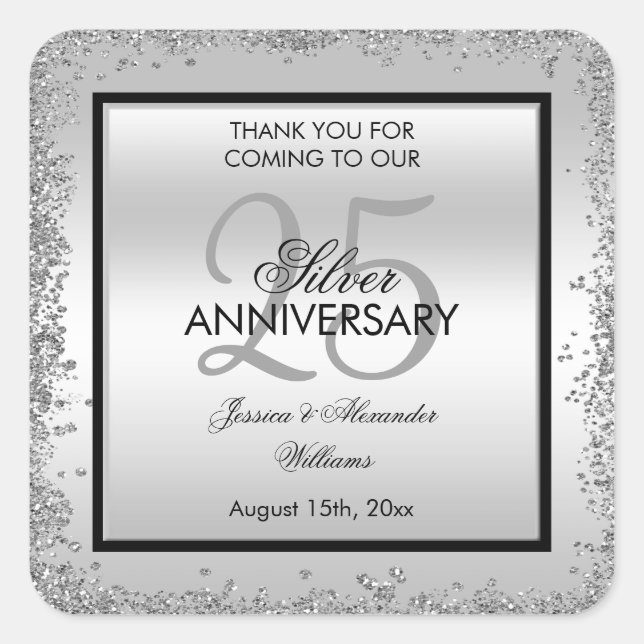 Glitzy Silver & Black 25th Wedding Anniversary    Square Sticker (Front)