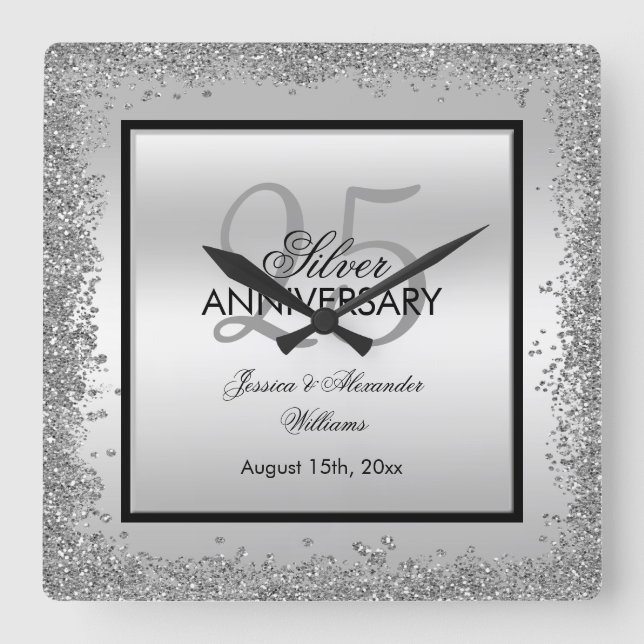Glitzy Silver & Black 25th Wedding Anniversary Square Wall Clock (Front)