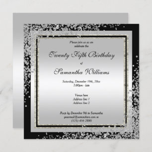 Glitzy Silver Confetti Corners 25th Birthday Invitation