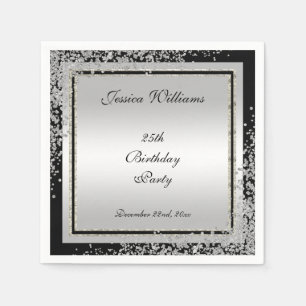 Glitzy Silver Confetti Corners 25th Birthday Napkin