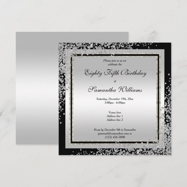 Glitzy Silver Confetti Corners 85th Birthday Invitation (Front/Back)