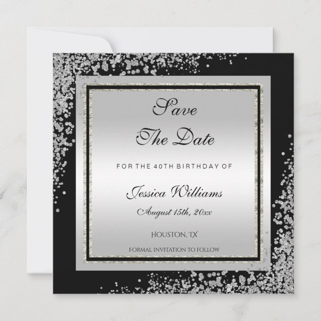 Glitzy Silver Confetti Corners Birthday Save The Date (Front)